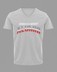 White unisex V-neck short-sleeve T-shirt with “Jackson State University” Alumni logo