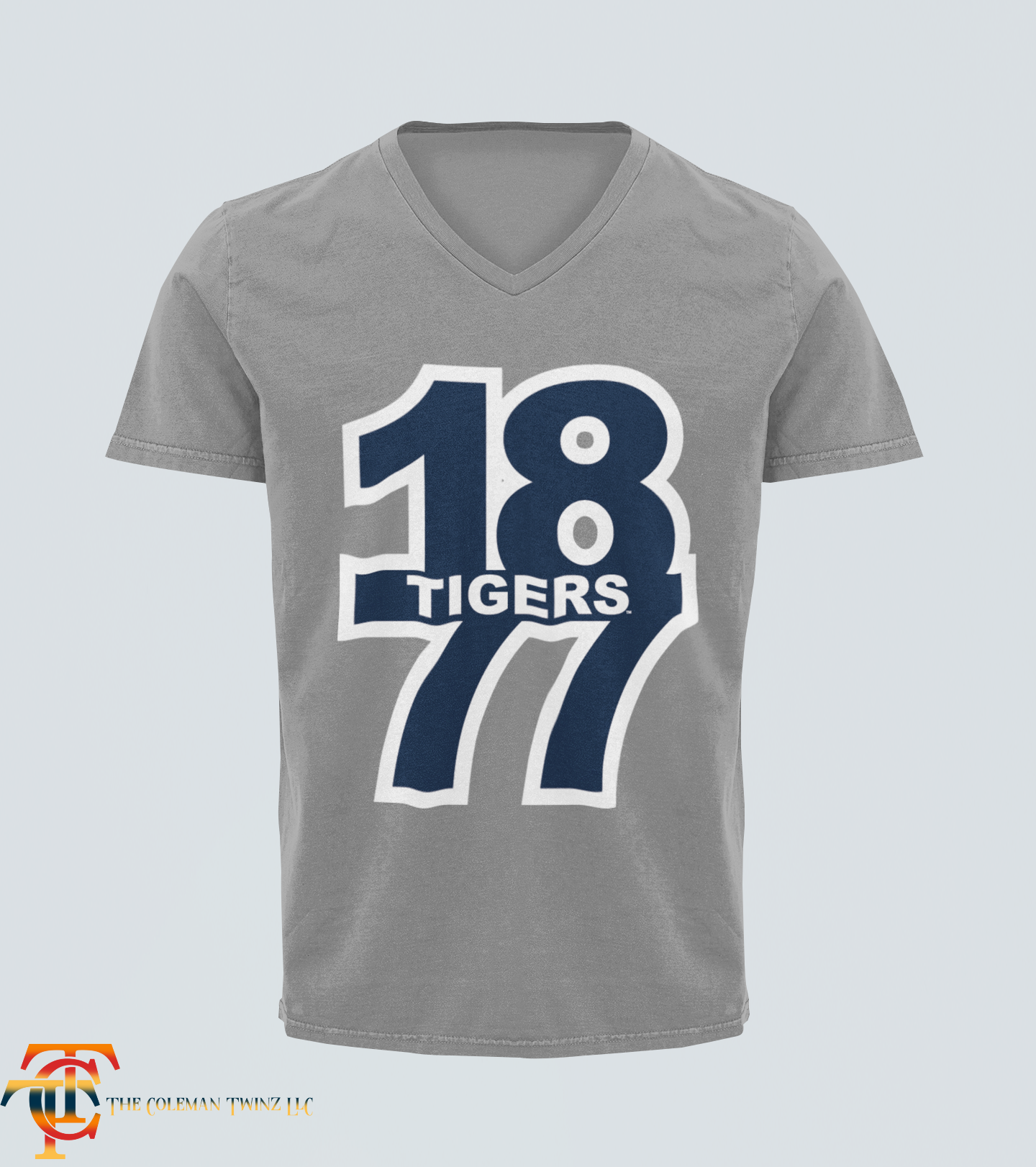 Gray V-neck short sleeve t-shirt with large “18 Tigers 77” front graphic