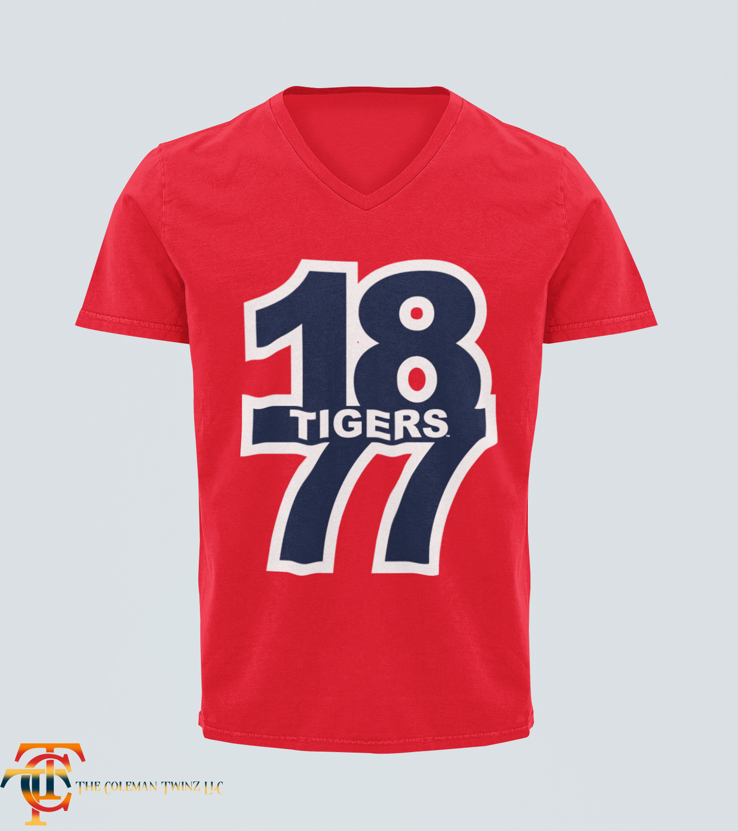 Red V-neck short sleeve t-shirt with large “18 Tigers 77” front graphic