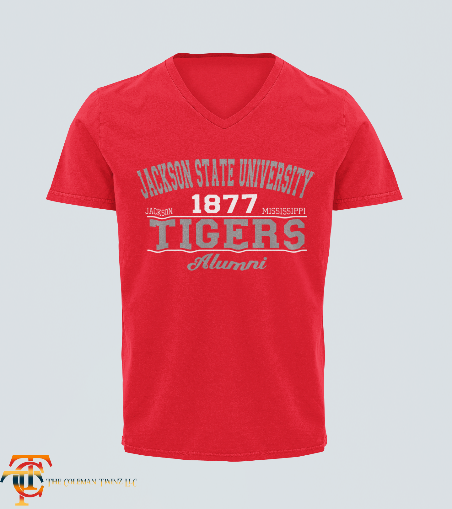 Red unisex V-neck T-shirt with '1877 Tigers' and 'Alumni' front graphic.