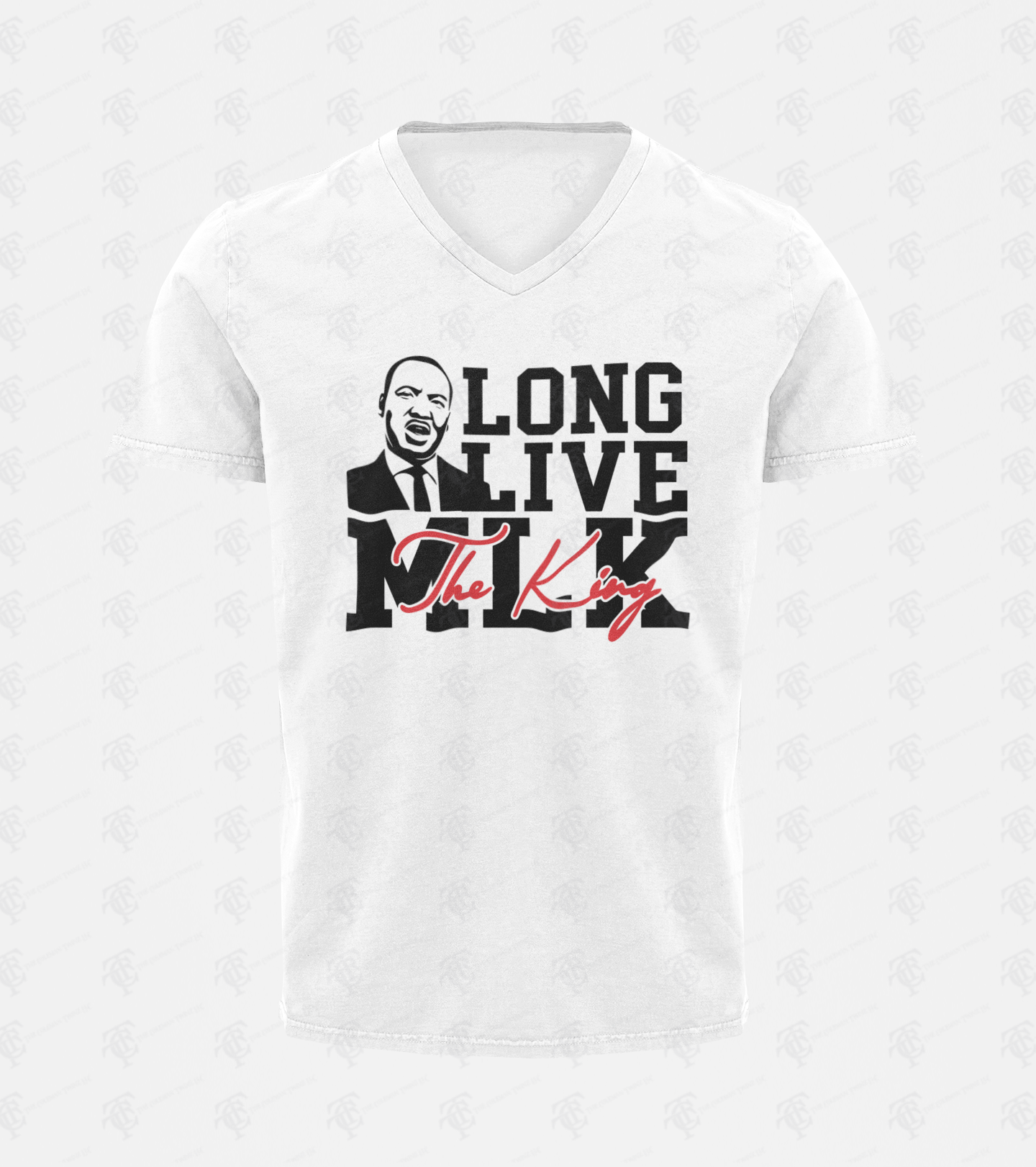 White V-neck T-shirt with "LONG LIVE The King" front graphic