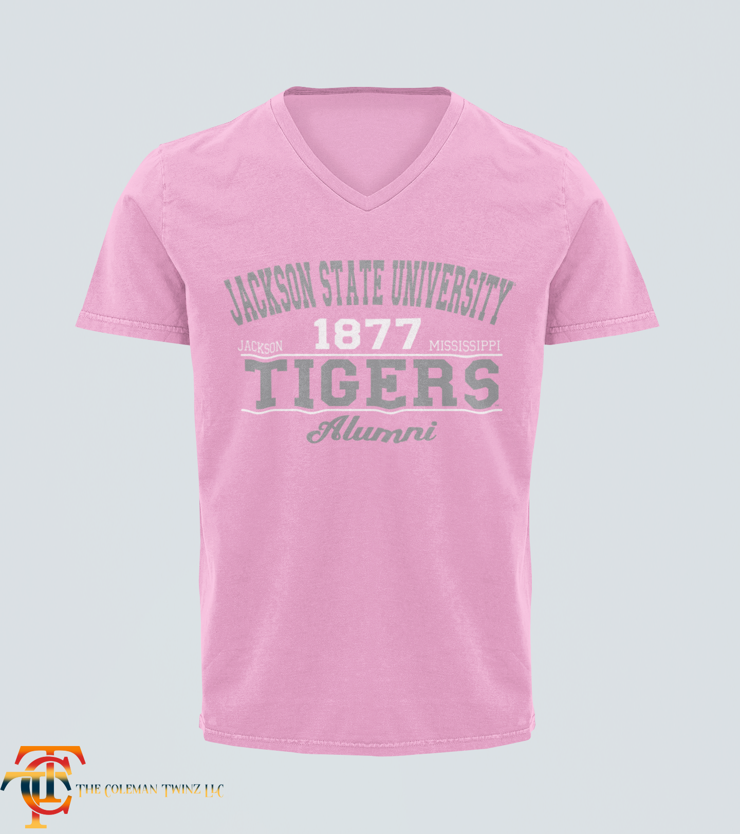 Pink unisex V-neck T-shirt with '1877 Tigers' and 'Alumni' front graphic.