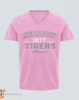 Pink unisex V-neck T-shirt with '1877 Tigers' and 'Alumni' front graphic.