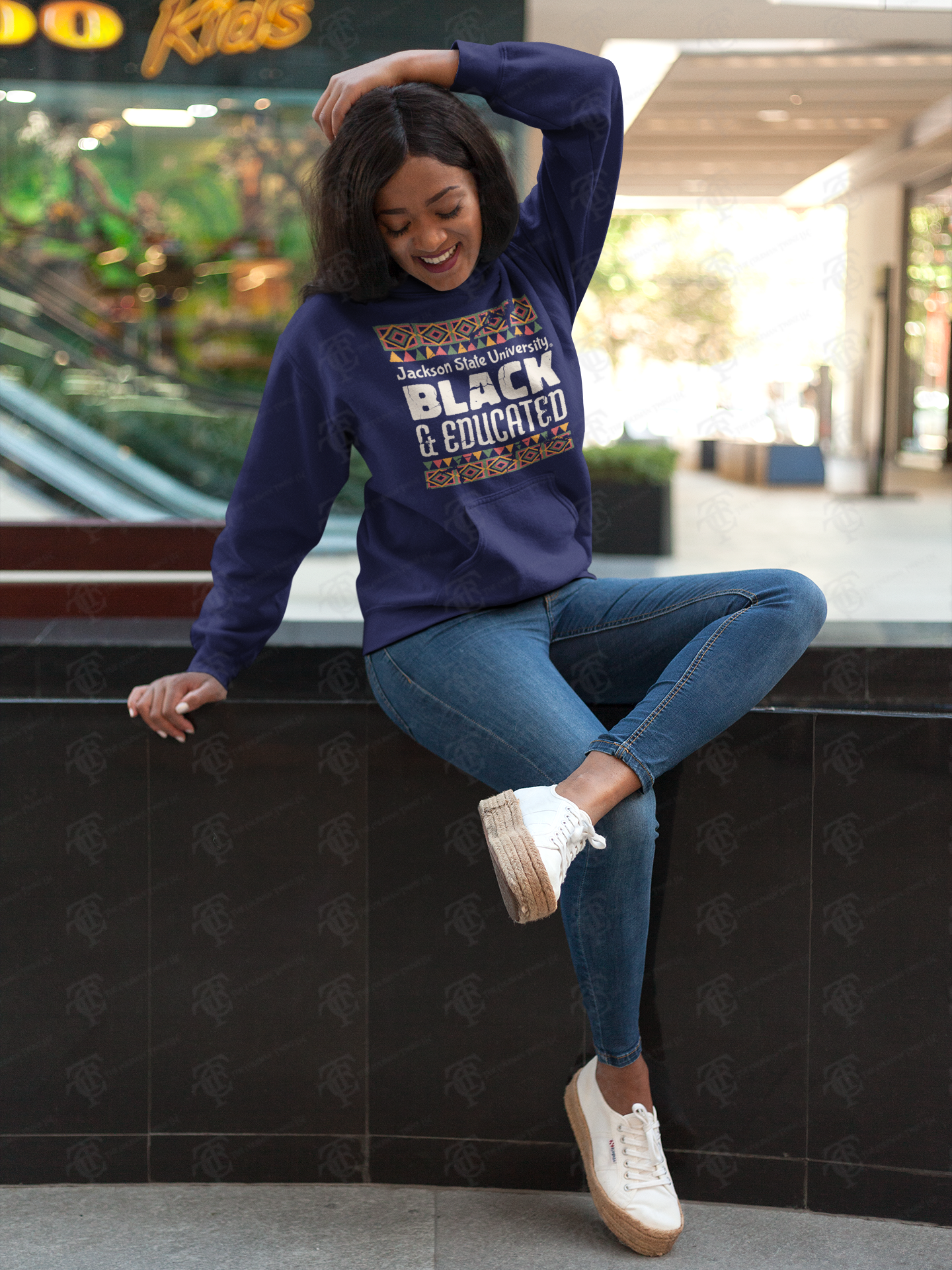 Navy unisex pullover hoodie with front “Black &amp; Educated” graphic
