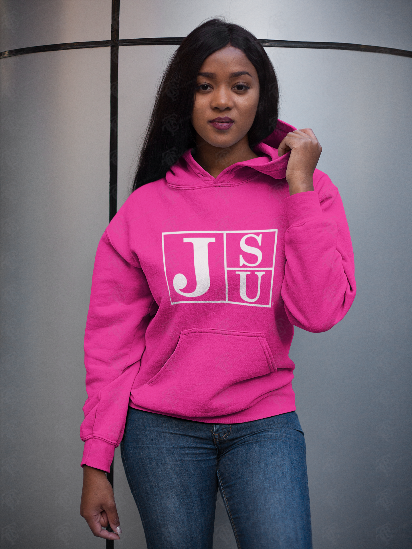 Pink pullover hoodie with JSU block logo on chest, front pocket and hood