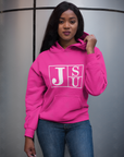 Pink pullover hoodie with JSU block logo on chest, front pocket and hood