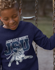 Youth crewneck sweatshirt in navy blue with leaping tiger logo, worn by child