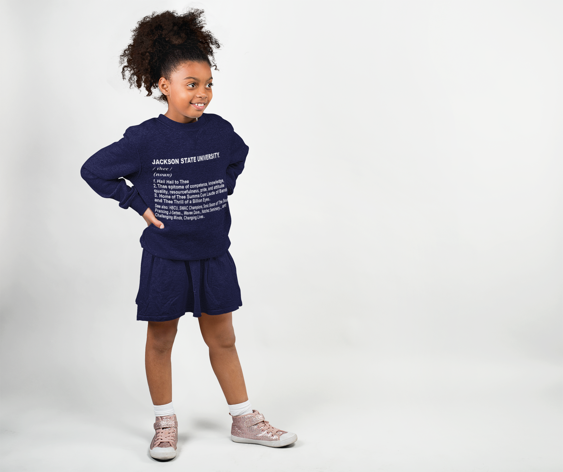Youth crewneck sweatshirt, navy blue with white Jackson State University text graphic