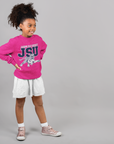 Youth crewneck sweatshirt in fuchsia pink with leaping tiger logo, worn by child