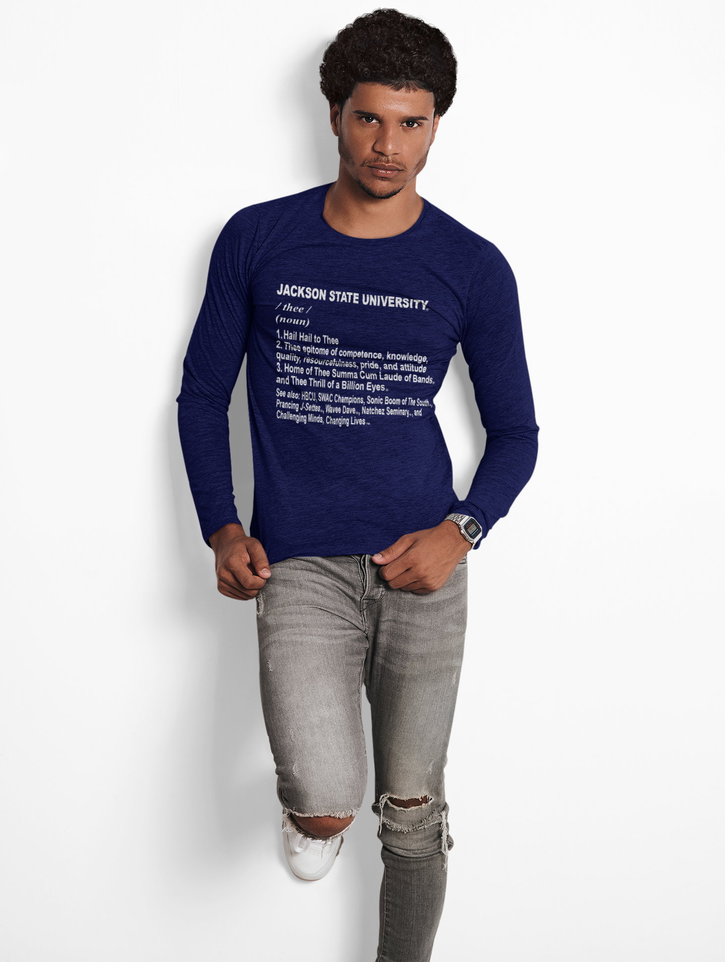 Navy blue long-sleeve crewneck T-shirt with white graphic text on chest