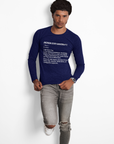 Navy blue long-sleeve crewneck T-shirt with white graphic text on chest