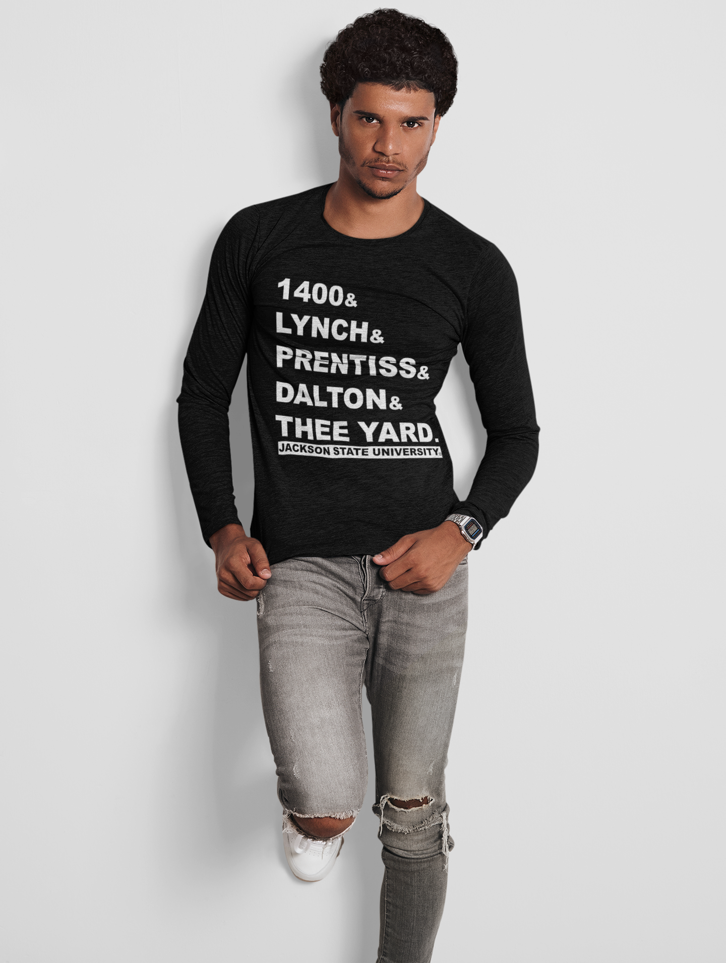 Black long-sleeve crew neck T-shirt with front block slogan graphic
