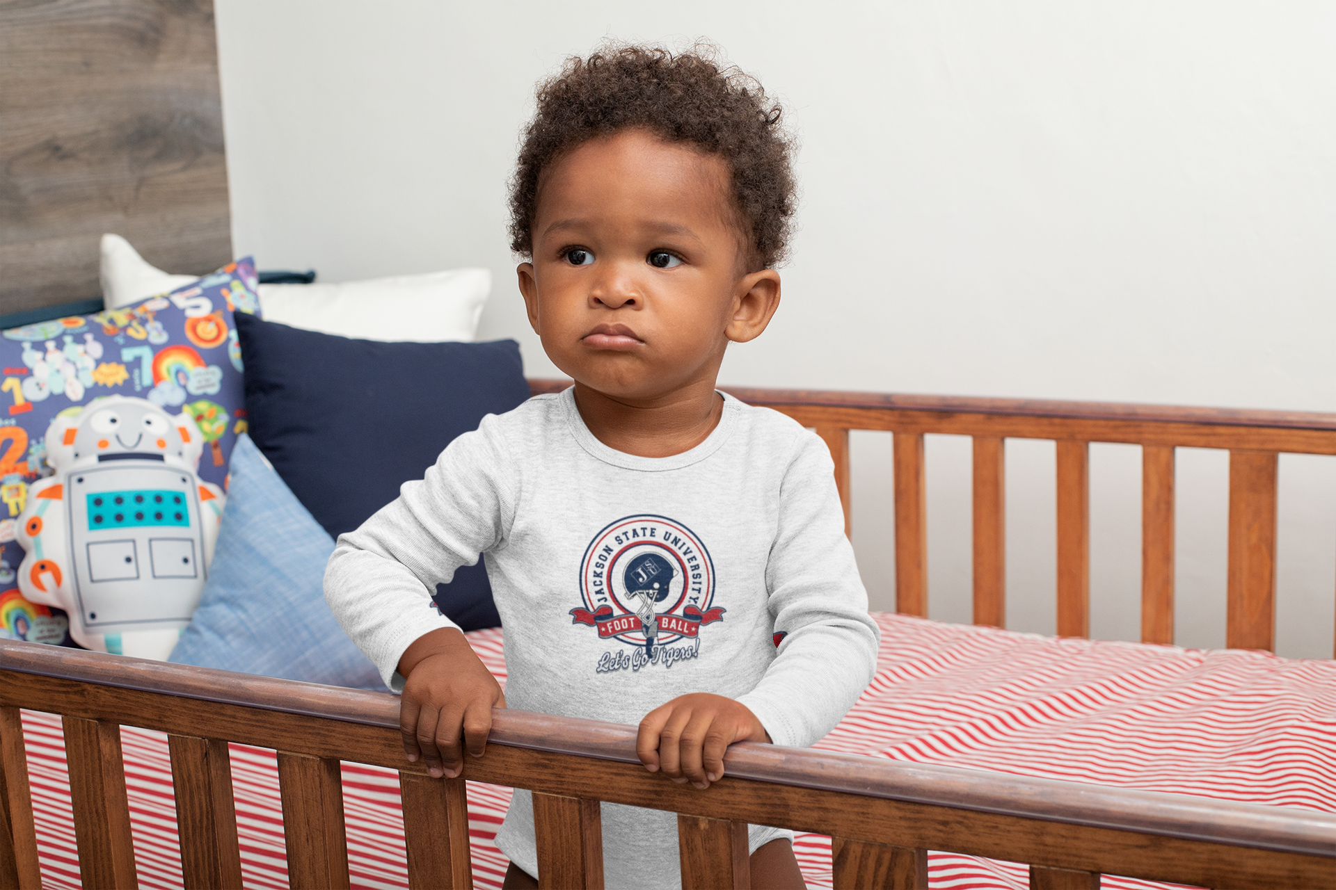 Infant long sleeve bodysuit, athletic heather grey with round college logo graphic