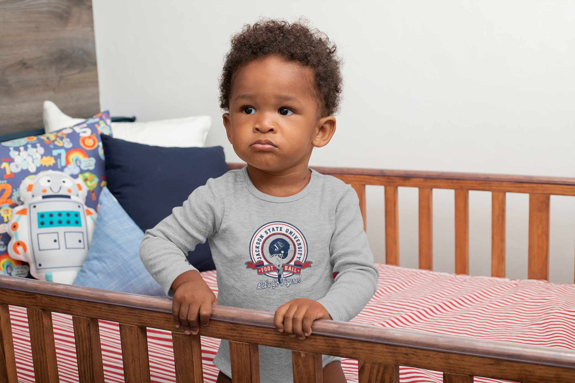 Infant long sleeve bodysuit, athletic heather grey with round college logo graphic