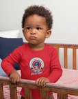 Infant long sleeve bodysuit, red with round college logo graphic on chest