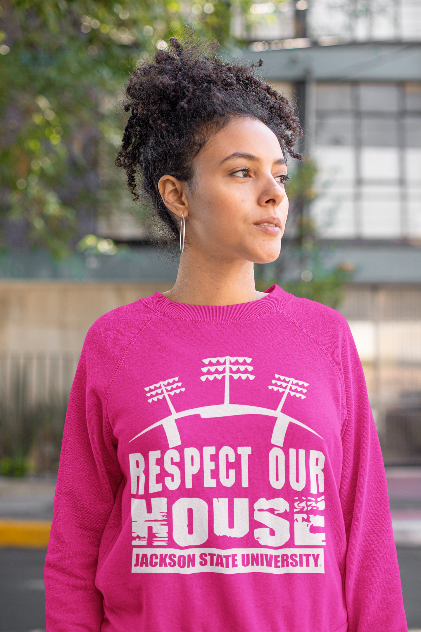 Pink sweatshirt with Respect Our House puff-print graphic, crew neck, long sleeves