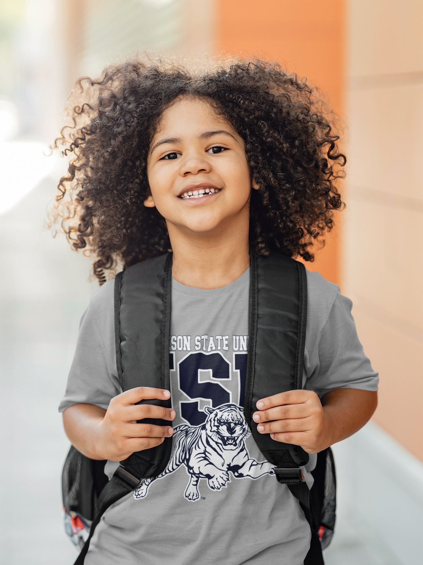 Youth crew neck t-shirt, athletic heather gray, JSU leaping tiger front graphic