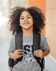 Youth crew neck t-shirt, athletic heather gray, JSU leaping tiger front graphic
