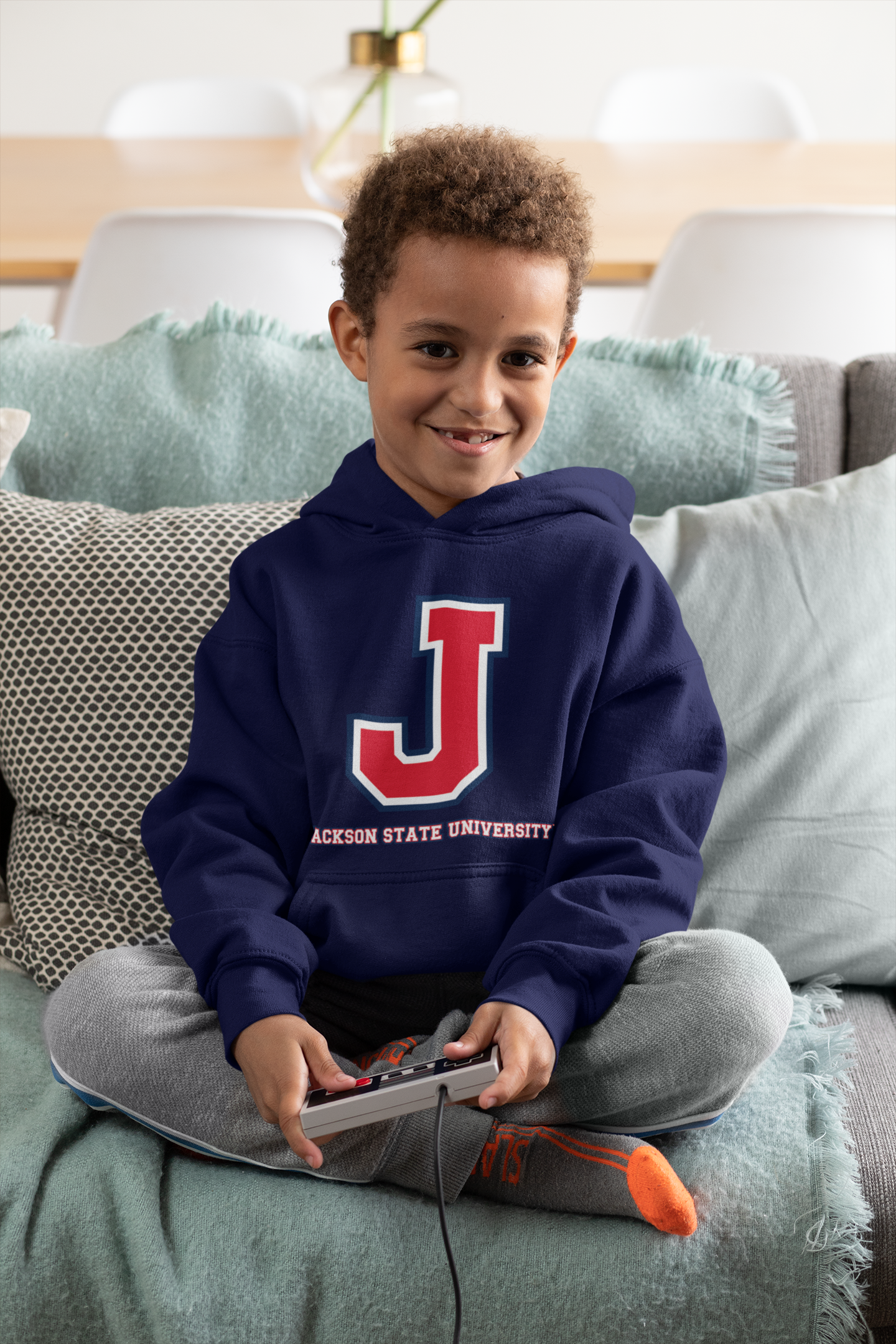 Navy hooded sweatshirt with front logo and drawstring hood