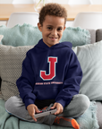 Navy hooded sweatshirt with front logo and drawstring hood