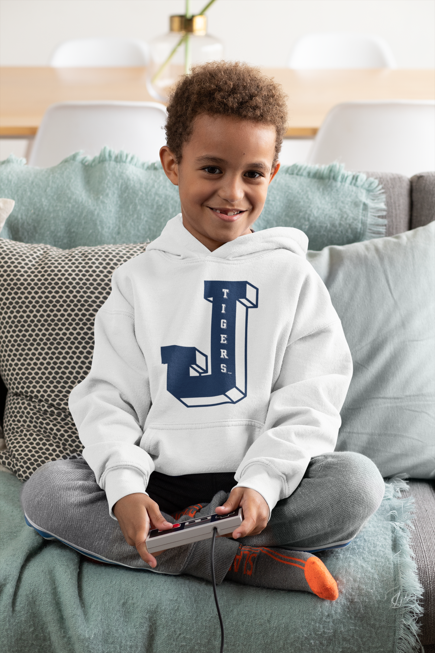 Toddler pullover hoodie, white with large varsity letter logo on front