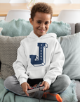 Toddler pullover hoodie, white with large varsity letter logo on front