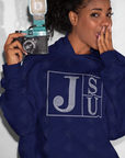 Navy rhinestone JSU block-letter pullover hoodie worn by model, hood and pouch visible