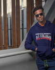 Navy unisex pullover hoodie with “Alumni” graphic, front view on model