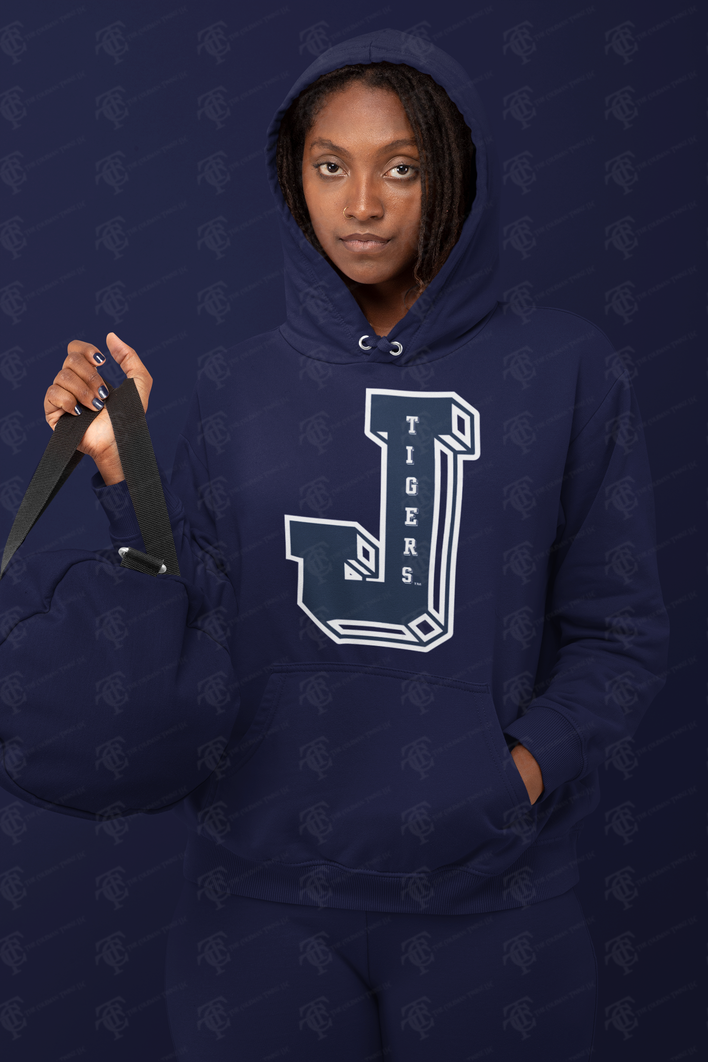 Navy pullover hoodie with Tigers J logo and front pocket