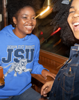 Blue unisex pullover hoodie with JSU leaping tiger graphic on the chest