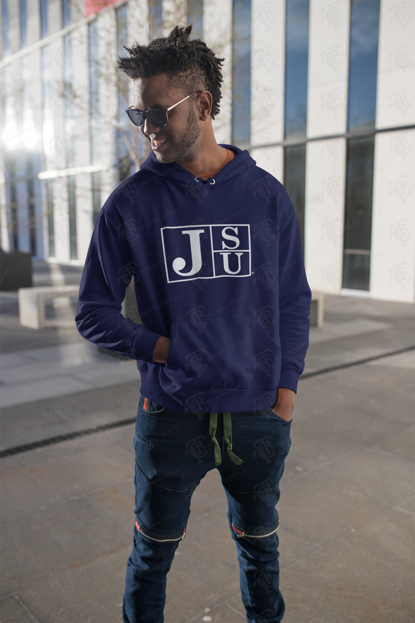 Navy pullover hoodie with JSU block logo on chest and hood