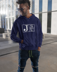 Navy pullover hoodie with JSU block logo on chest and hood