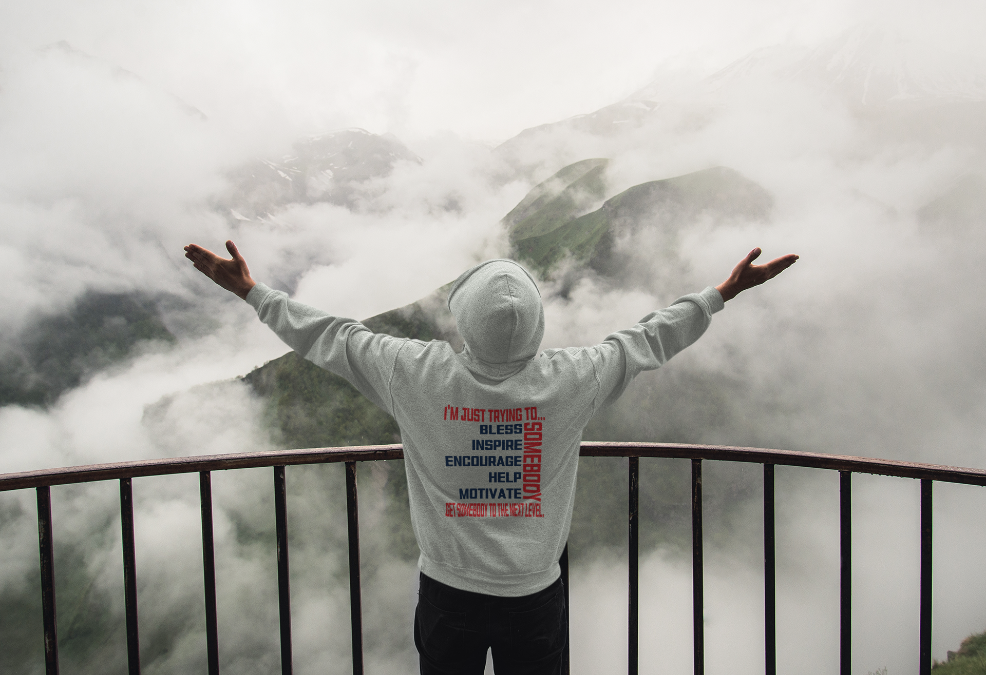 Light gray pullover hoodie with hood and back graphic text print, kangaroo pocket