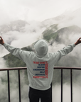 Light gray pullover hoodie with hood and back graphic text print, kangaroo pocket