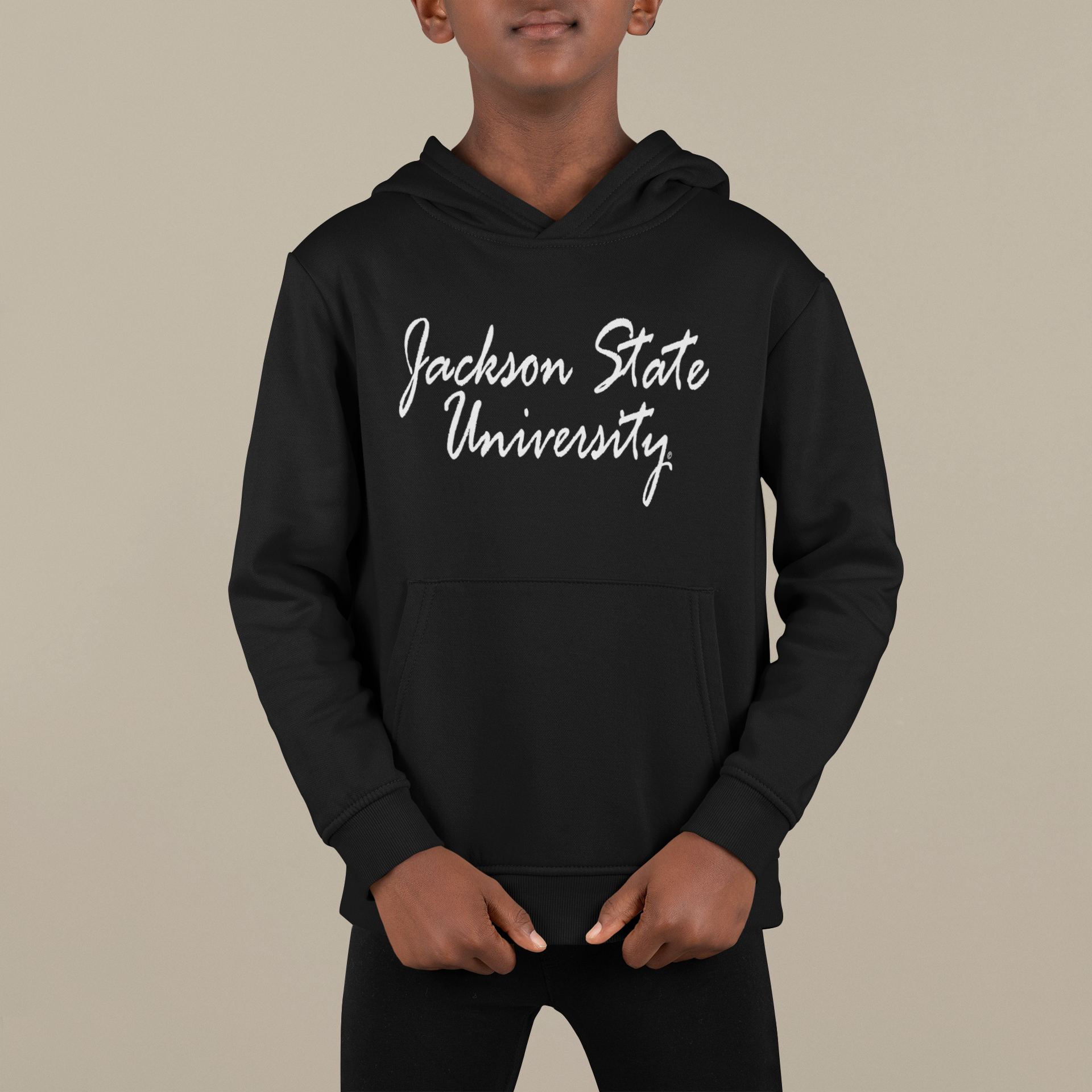 Black youth hooded sweatshirt with white script logo and front kangaroo pocket