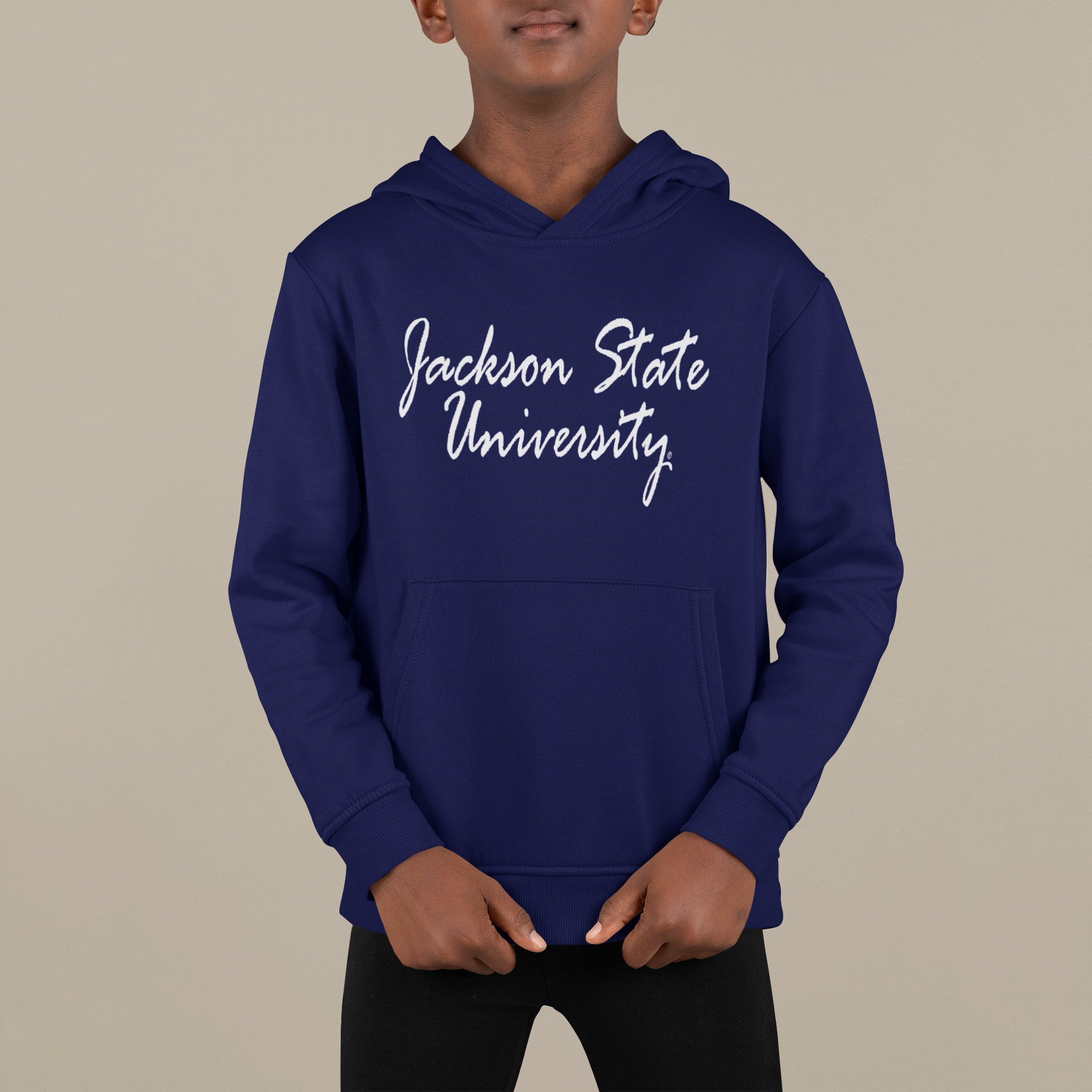 Navy youth hooded sweatshirt with white script logo and front kangaroo pocket
