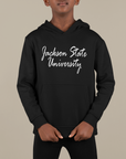 Black youth hooded sweatshirt with white script logo and front kangaroo pocket