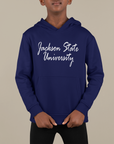 Navy youth hooded sweatshirt with white script logo and front kangaroo pocket