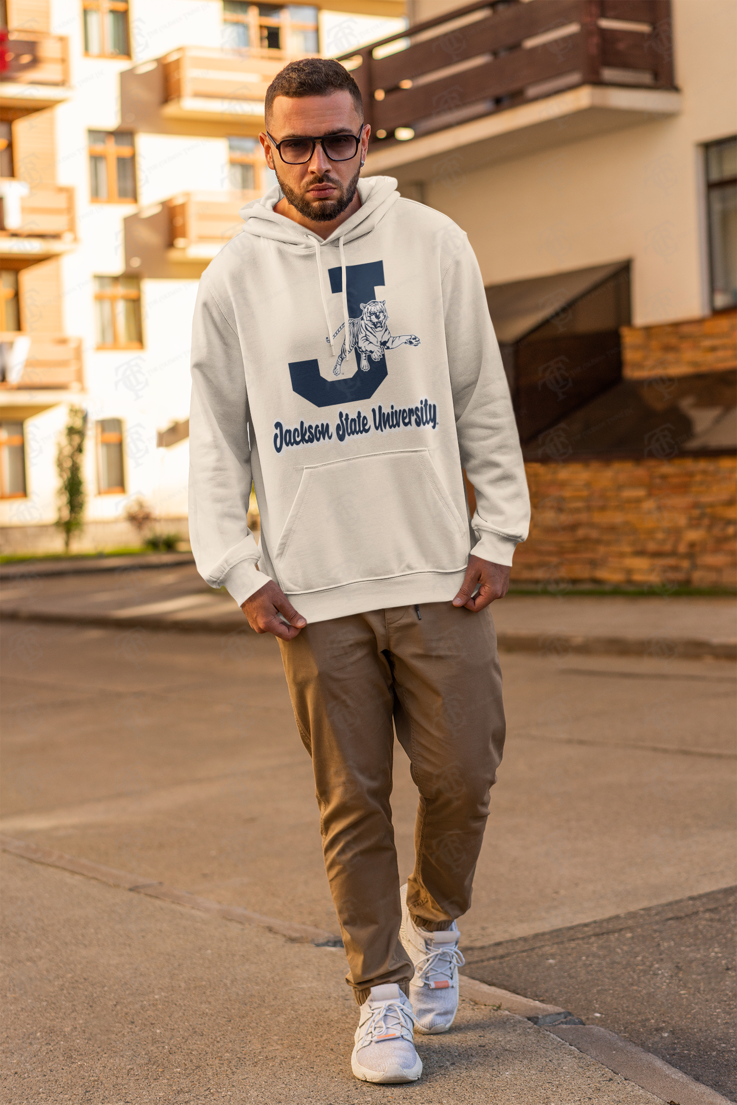Light gray unisex pullover hoodie with front tiger graphic and kangaroo pocket