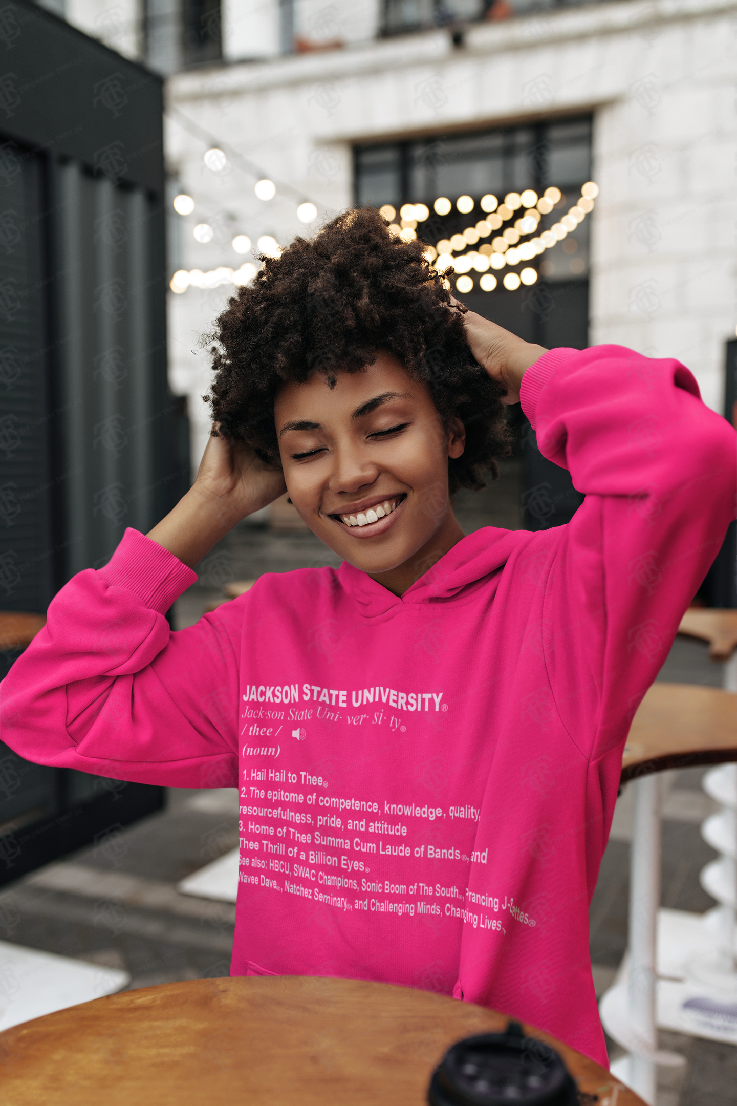 Pink pullover hoodie with Jackson State University graphic, hood and front pocket