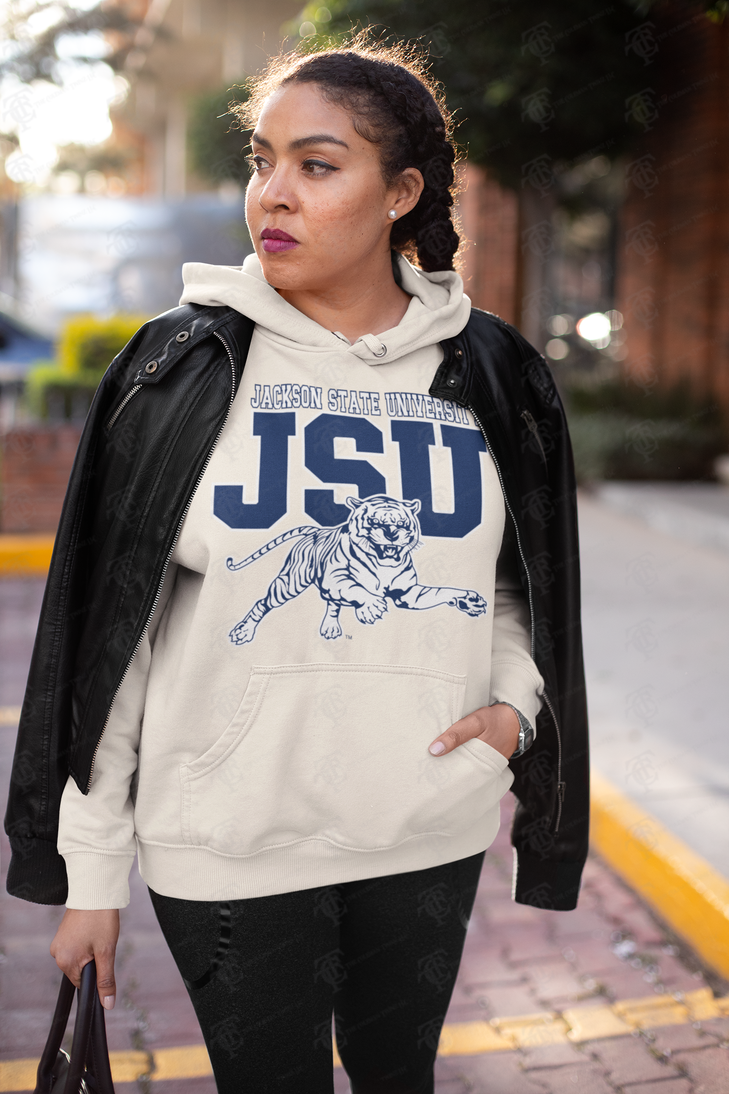 White unisex pullover hoodie with JSU logo text and leaping tiger front graphic