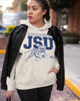 White unisex pullover hoodie with JSU logo text and leaping tiger front graphic
