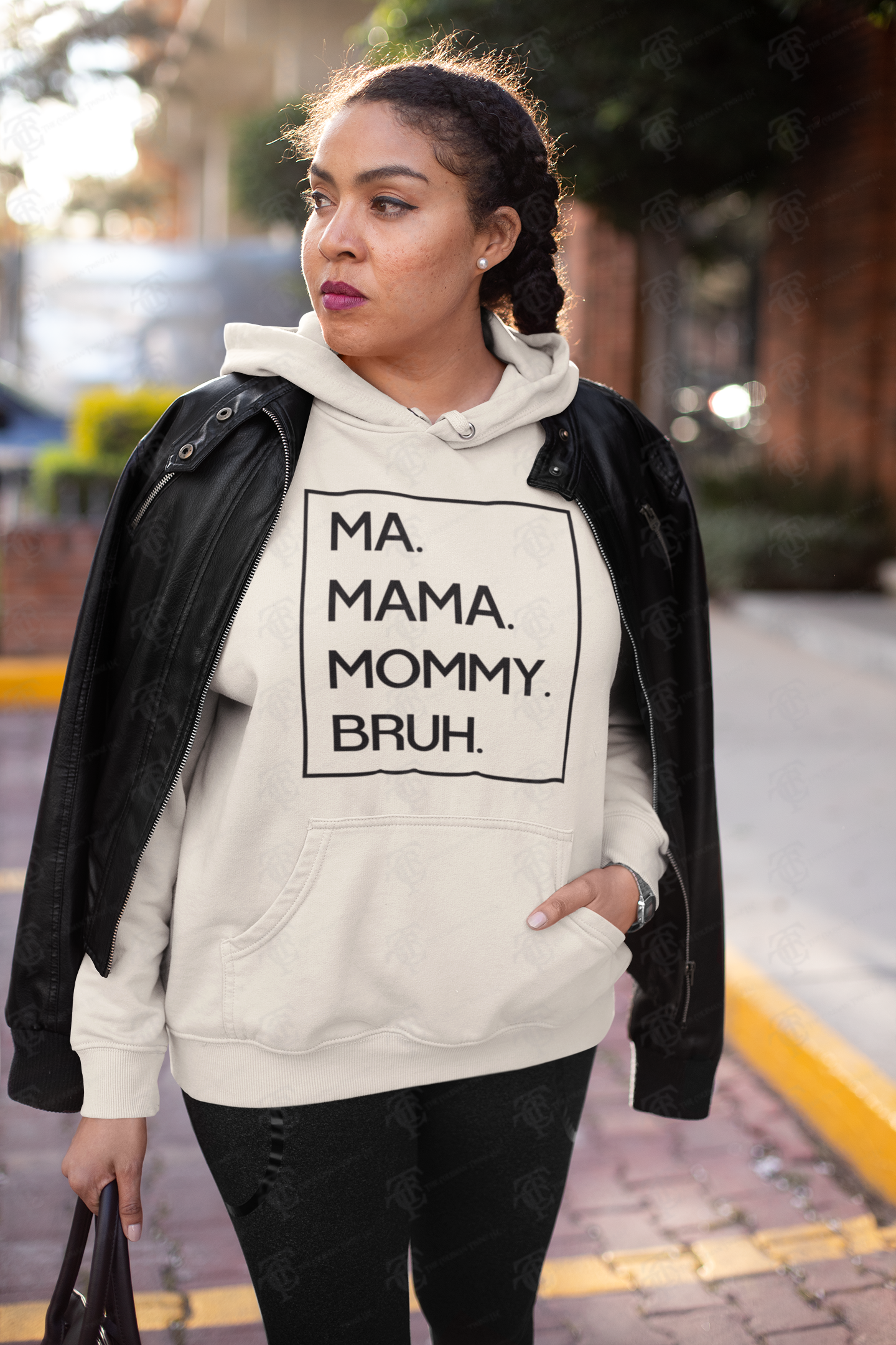 Unisex pullover hoodie in light cream with black 'MA. MAMA. MOMMY. BRUH' print