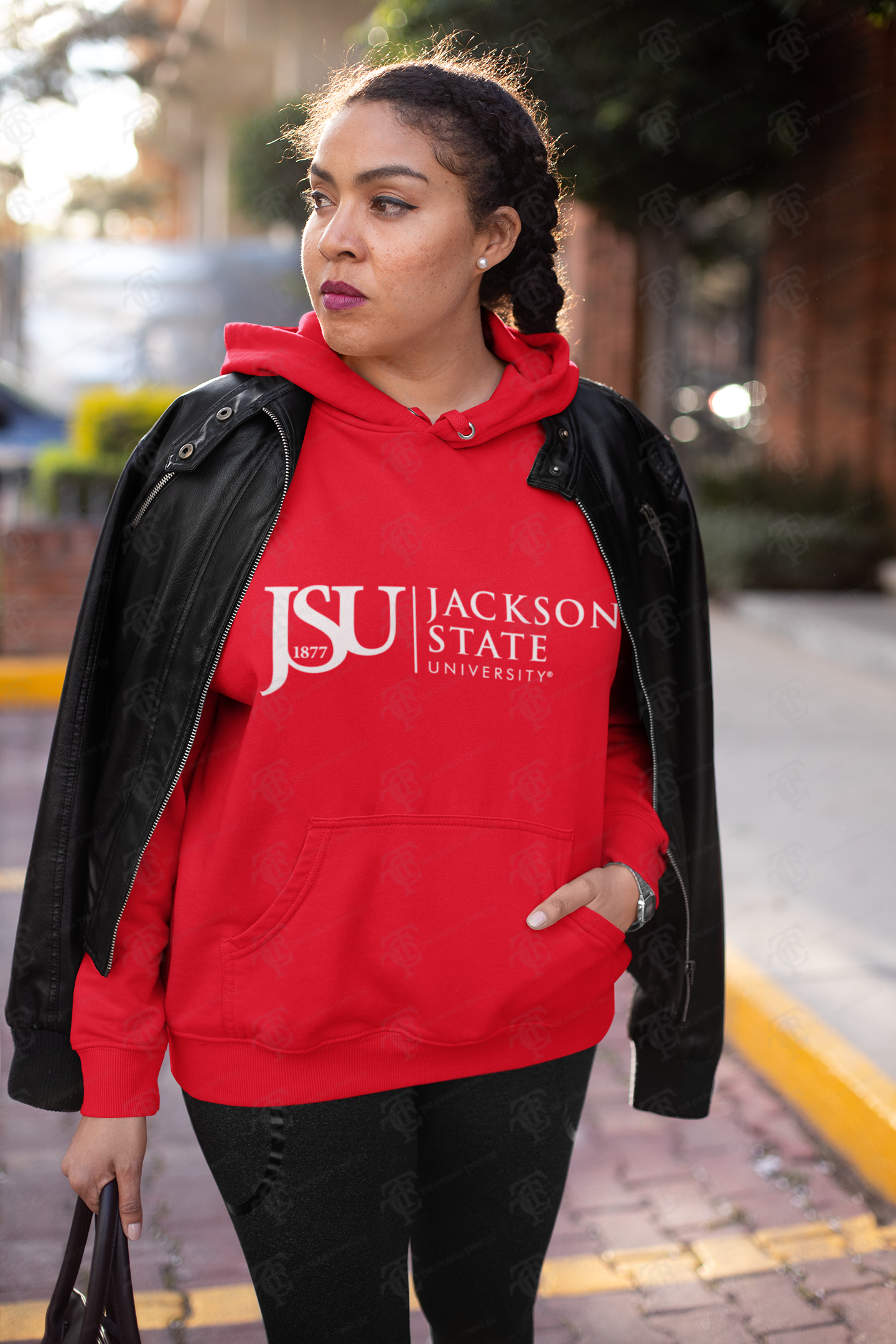 Red pullover hoodie on model with front kangaroo pocket and Jackson State logo
