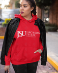 Red pullover hoodie on model with front kangaroo pocket and Jackson State logo