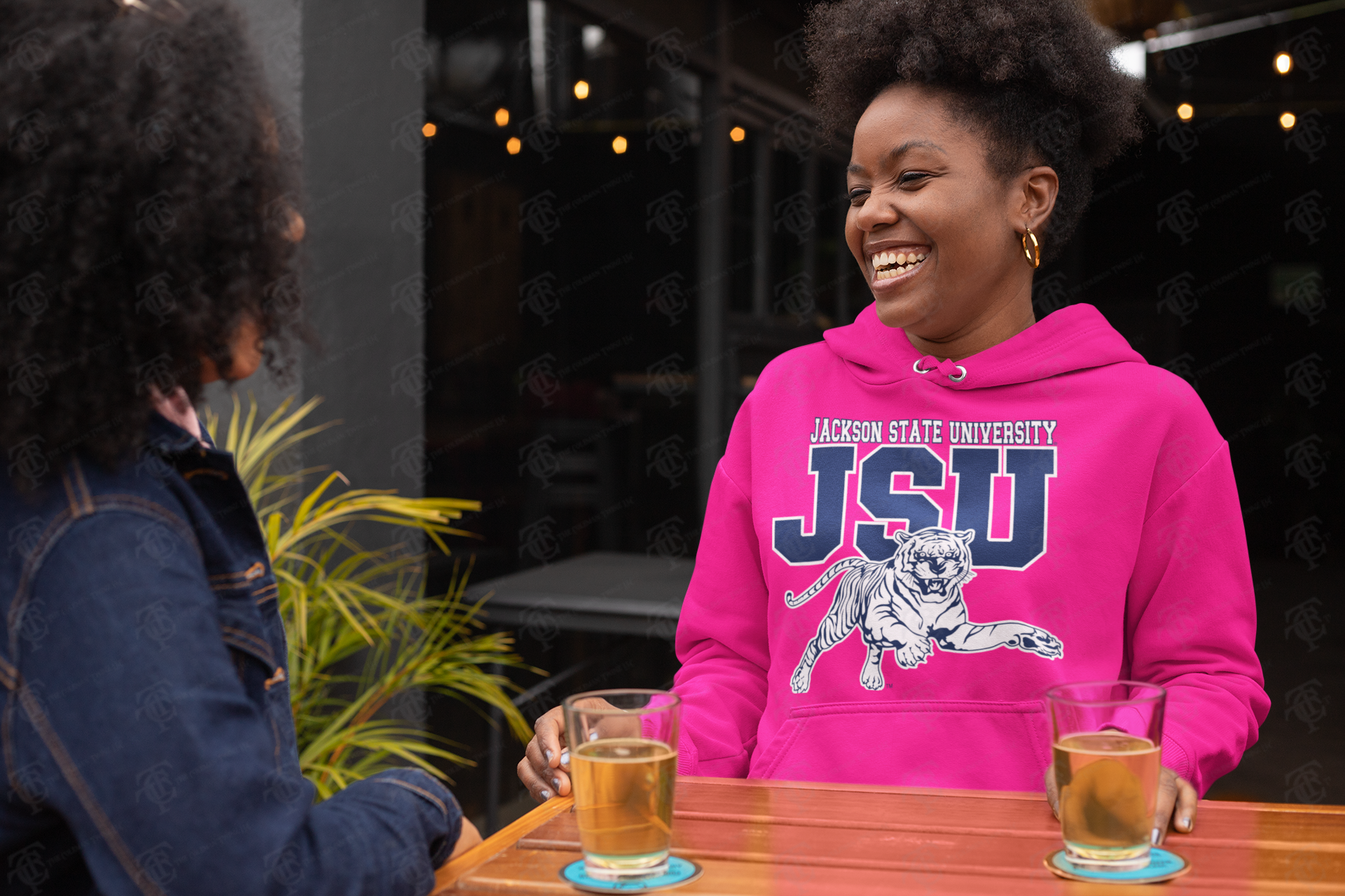 Pink pullover hoodie with large JSU tiger graphic and kangaroo pocket