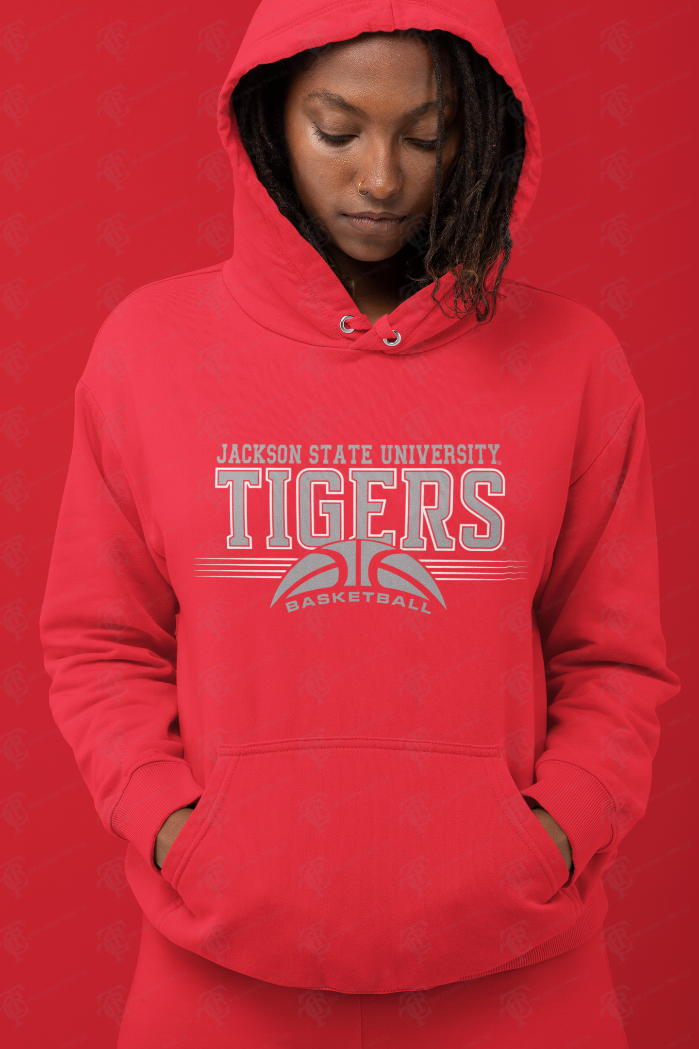 Red unisex pullover hoodie with Tigers basketball logo, hood and front kangaroo pocket