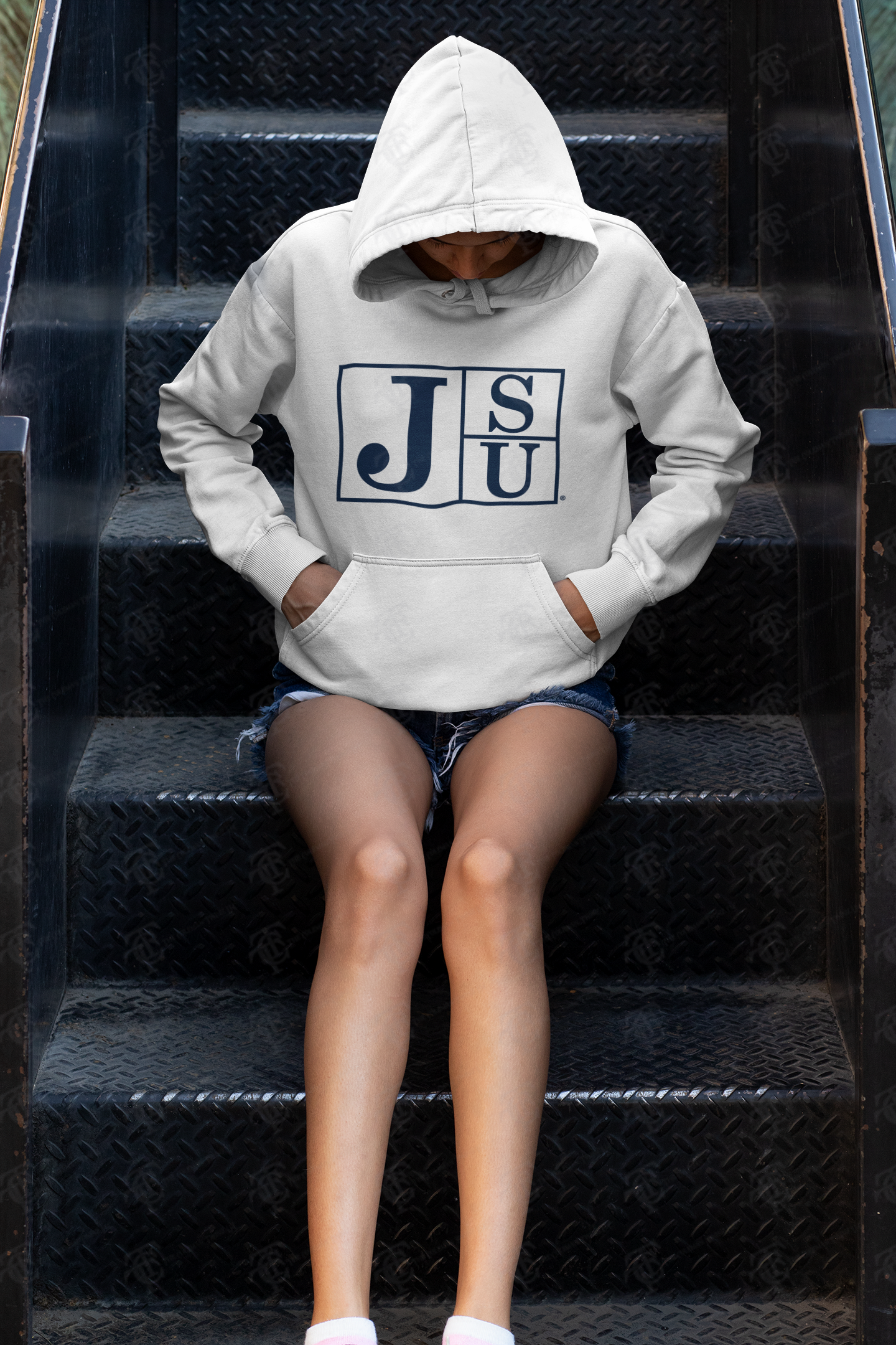 Unisex pullover hoodie, white, front hood and kangaroo pocket with blue block letter logo