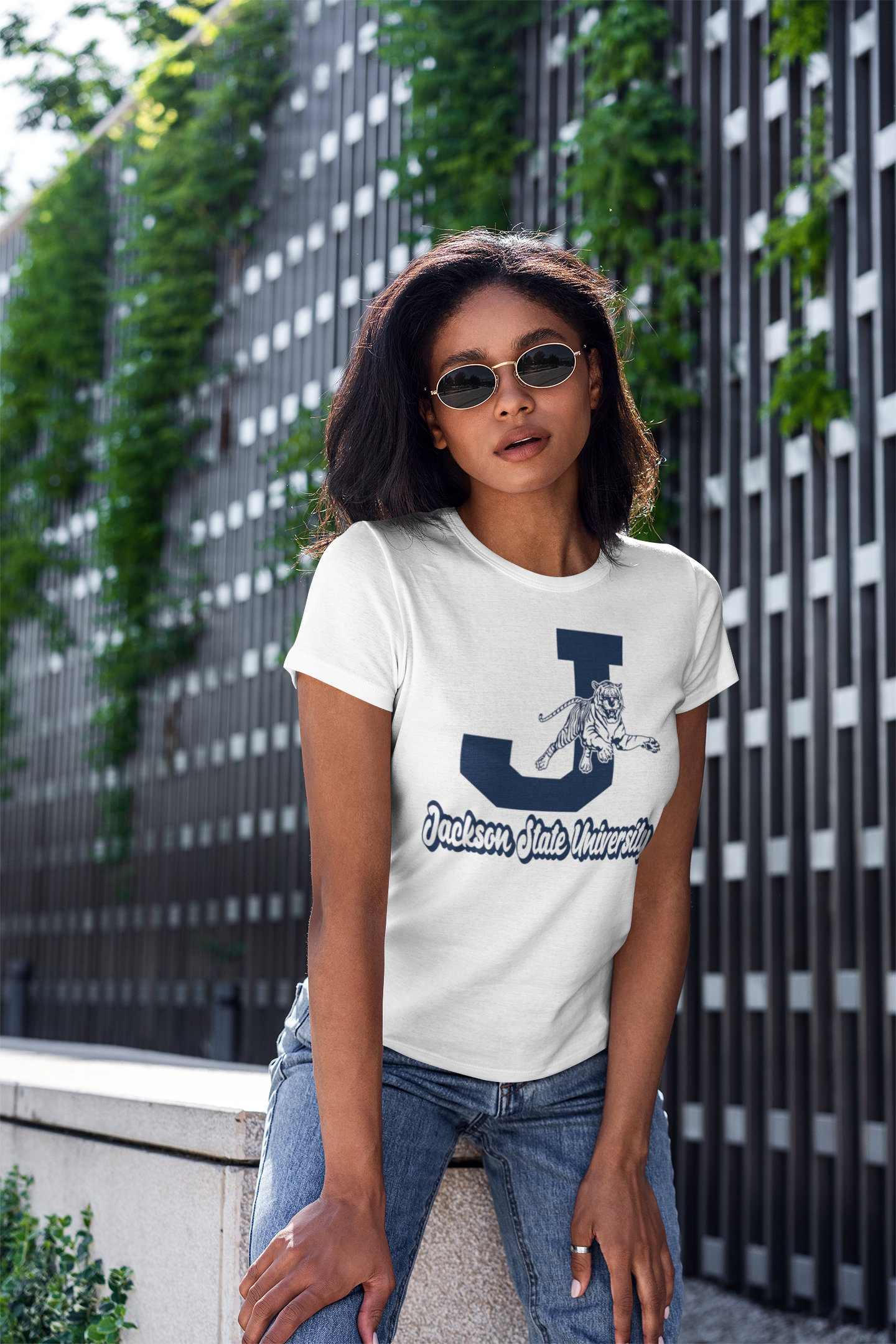 White short-sleeve crew neck T-shirt with leaping tiger and university text on chest