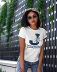 White short-sleeve crew neck T-shirt with leaping tiger and university text on chest